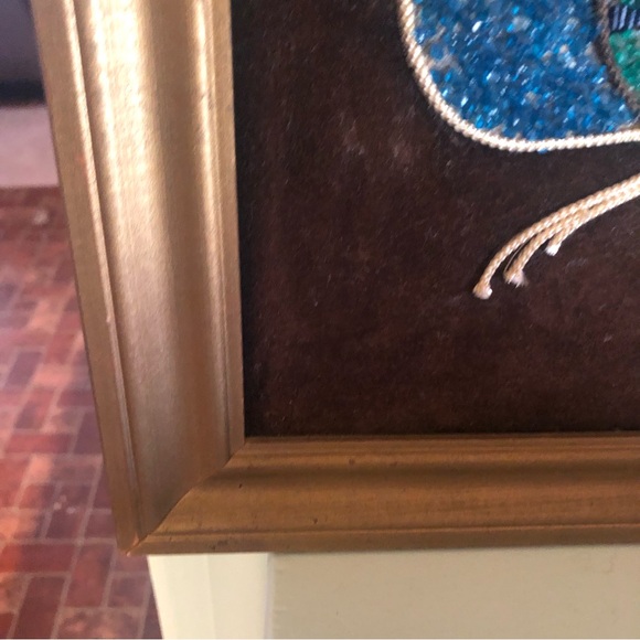 Vintage MCM Peacock on Brown Velvet Gravel Art - Picture 6 of 14